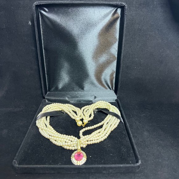 VTG Givenchy Style Gold Tone Faux Pearl 6 Strand Necklace W/Pink Pendant (2705) - Picture 10 of 10